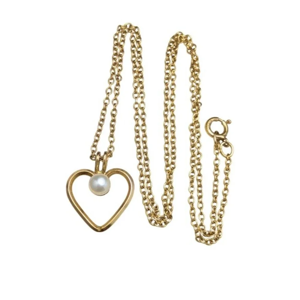 Vintage 14k GF Gold Filled Cultured Pearl Heart Pendant Necklace